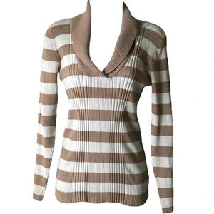 DEREK HEART |  Beige and White Striped Sweater Shawl Neck Ribbed Size XL